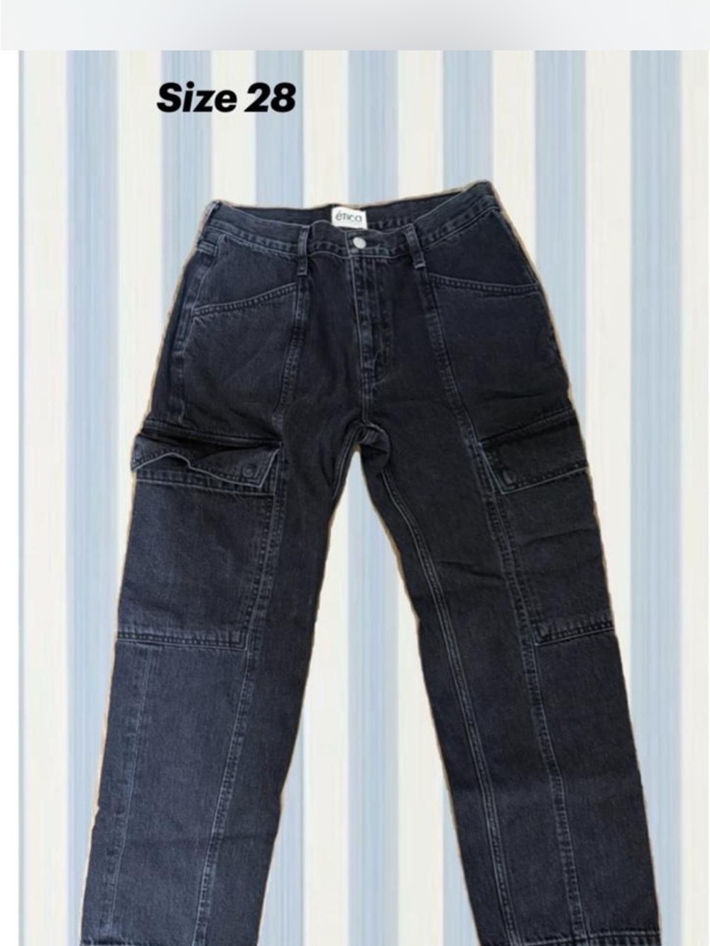 Etica Y2K Black Cargo Jeans Low Rise Wide Leg Utility Pocket Denim Size 28 - Picture 2 of 5